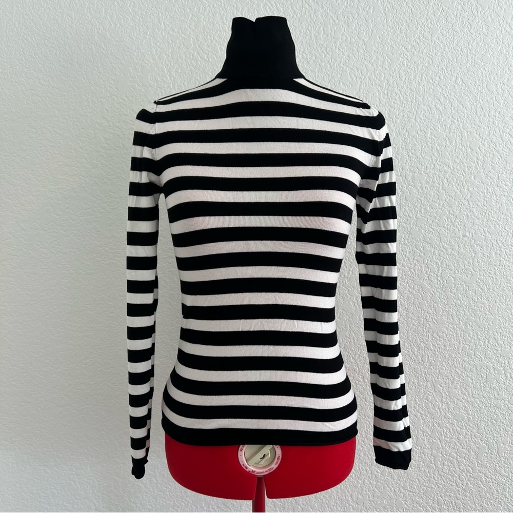 Zara Black and White Striped Long Sleeve Turtleneck Top Small